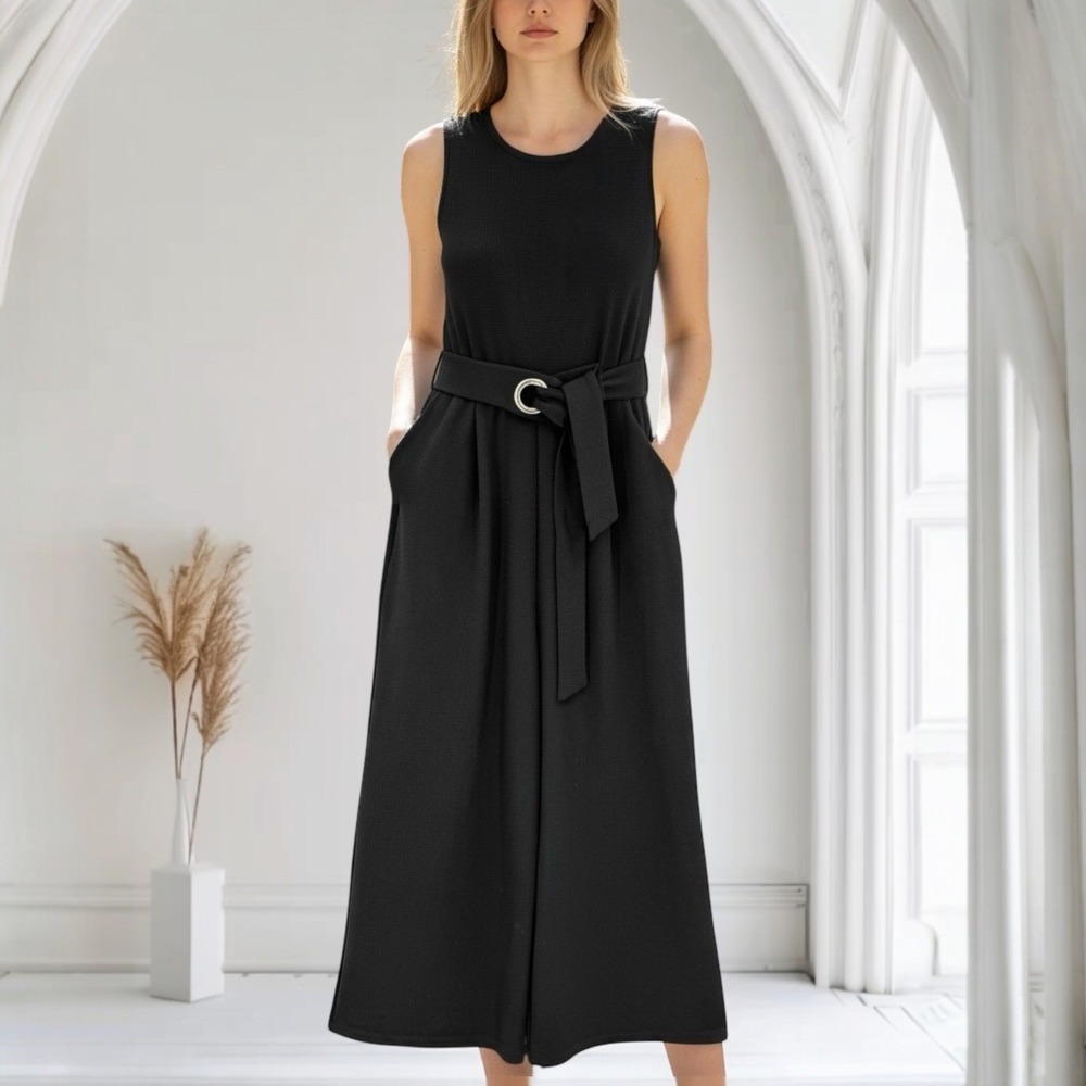 Romeo + Juliet Women Black Ribbed Wide Leg Cropped Jumpsuit Belted Sz M NWT $130